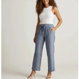 Quince 100% European Linen Wide Leg Pants Chambray Stripe Women Large Drawstring